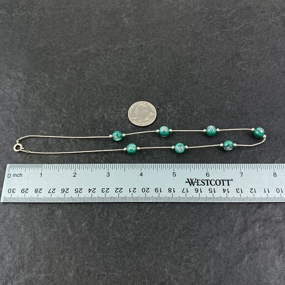Green Floral Design Glass Bead Station Necklace | NWOT Sterling Silver 925 | 16" - Picture 7 of 7